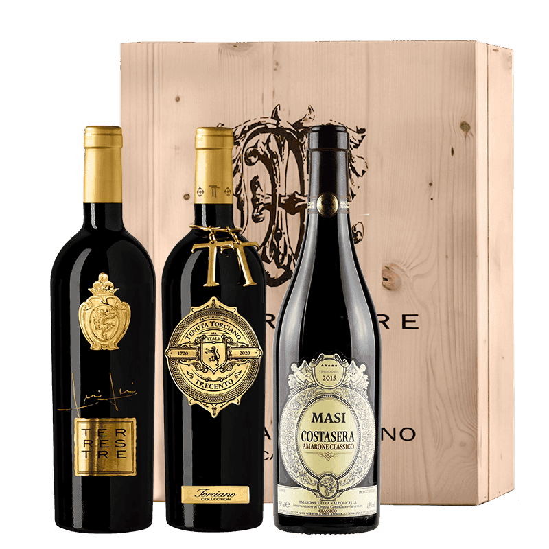 2015 Amarone MASI Costasera - 2011 Trecento Torciano  , 2018 Terrestre  Torciano  Including wooden case