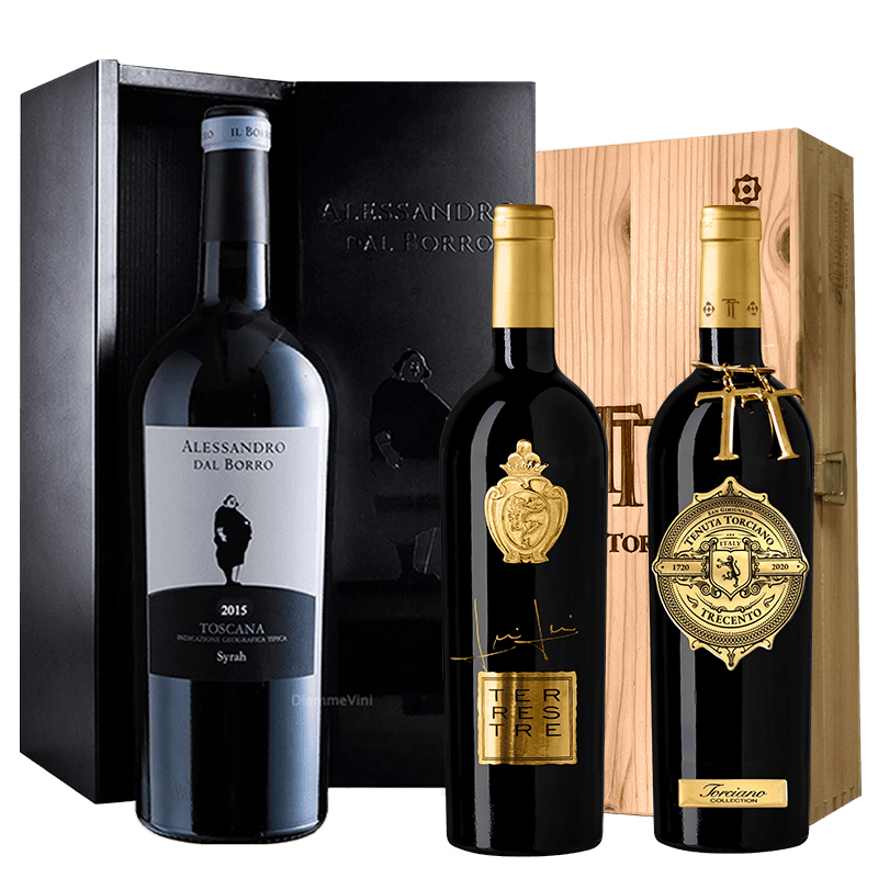 2015  Alessandro dal Borro Magnum  Castiglion del Bosco  ,  2011 Trecento Torciano , 2015 Terrestre Torciano   Including wooden case