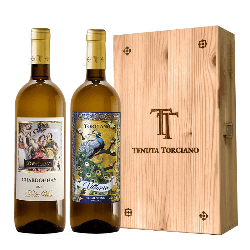 2022 - 2022 Torciano bottled Chardonnay "Dolce Vita", Vermentino "Peacock”, Tuscany - Wooden box included