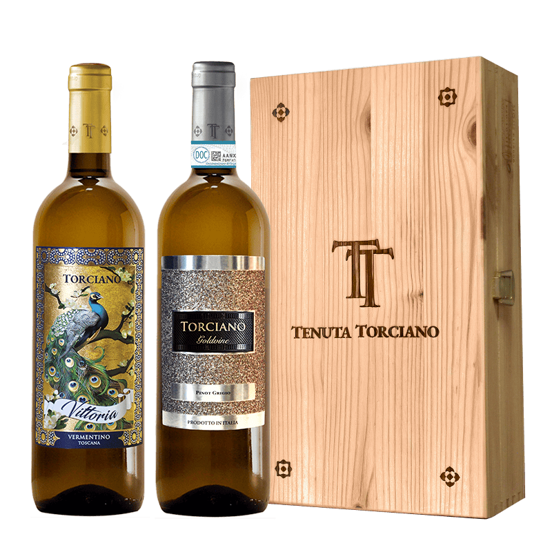 2022 - 2020 Torciano bottled Vermentino "Peacock", Pinot Grigio "Goldvine” - Wooden box included