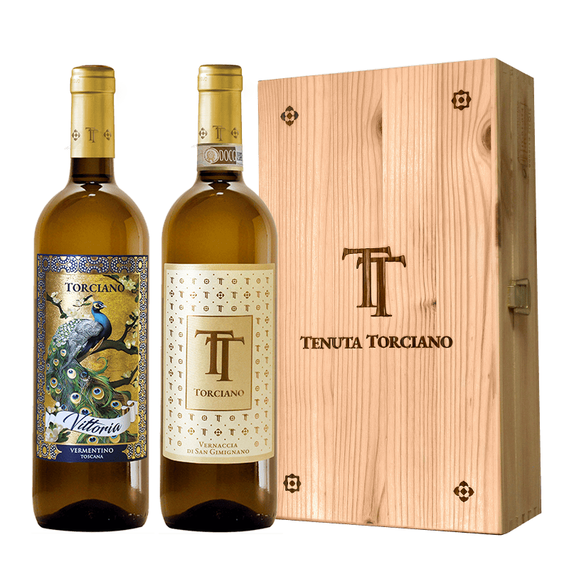 Torciano bottled Vermentino "Peacock", Vernaccia "Monogram", Tuscany - Wooden box included
